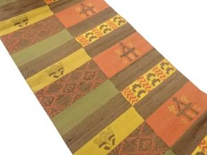 手織り紬横段に幾何学模様織出し名古屋帯